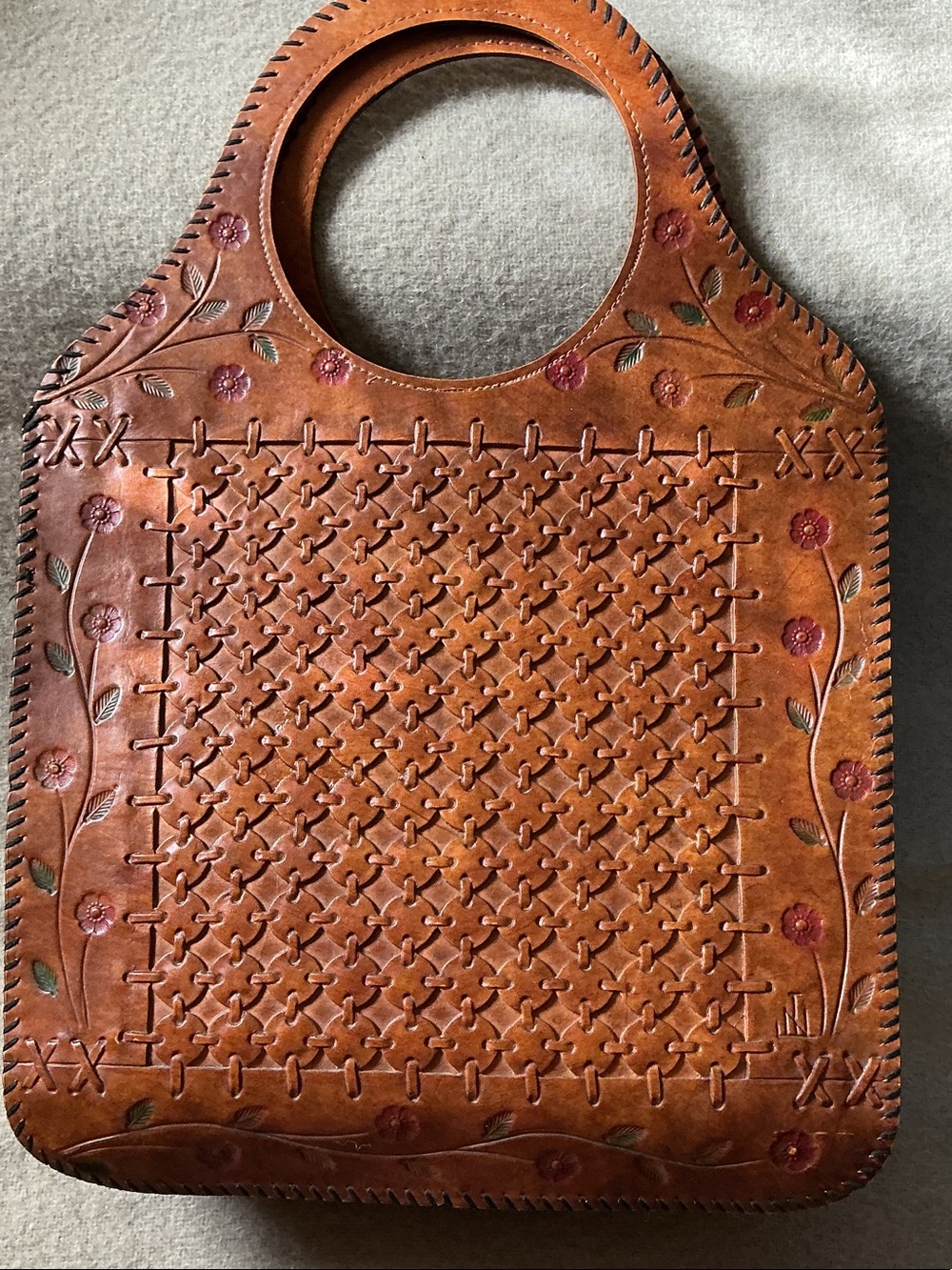 Woven Floral Tooled Leather Tote in Cognac